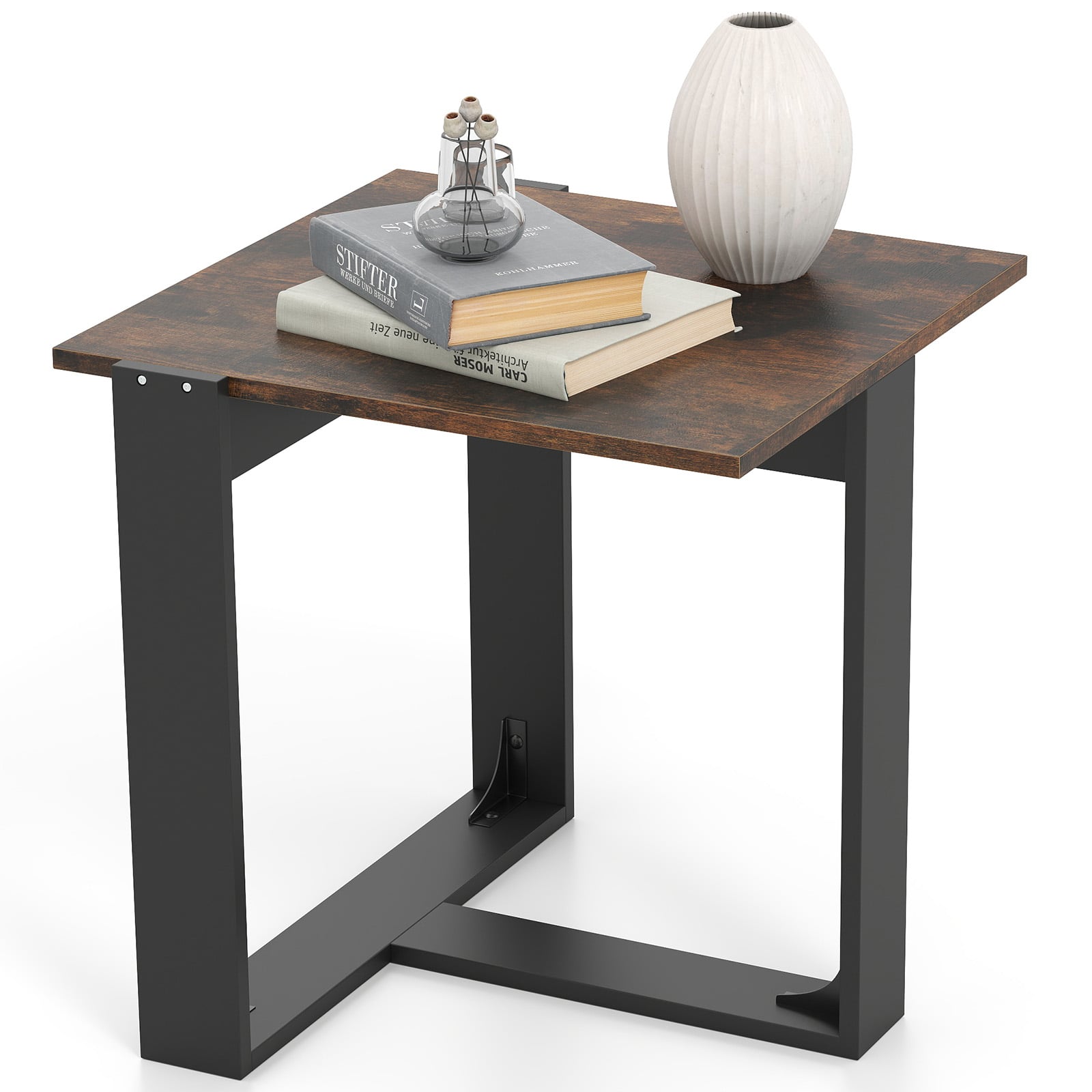 End Table Square Side Table with T-Shaped Metal Base Industrial Nightstand-Rustic Brown