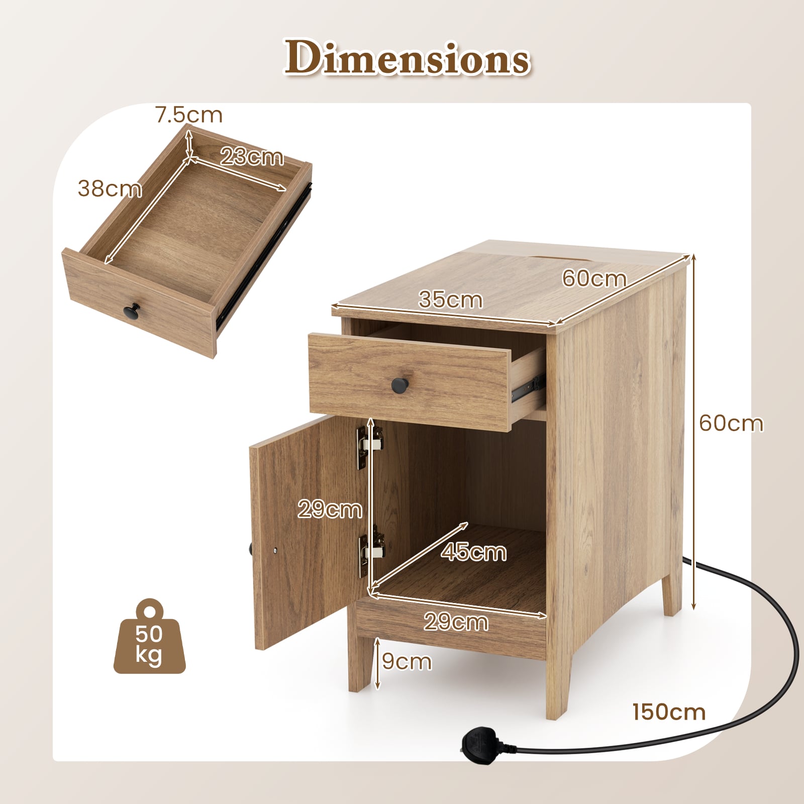 End Table with Charging Station and USB Ports and Outlets-Natural