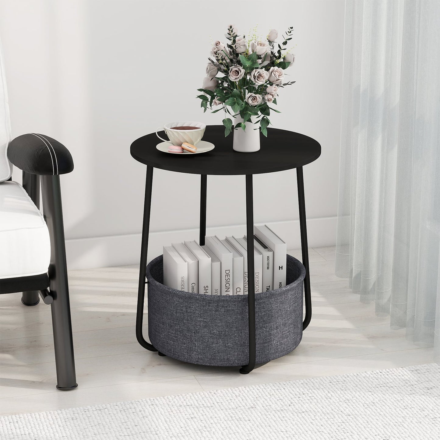 2-Tier End Table with Fabric Storage Basket and Metal Frame-Black