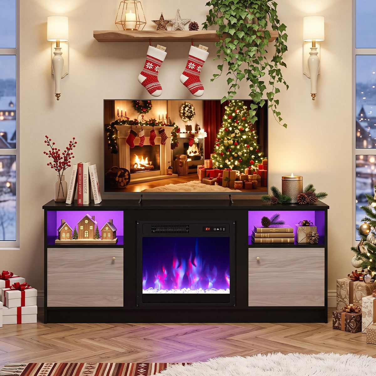 Entertainment Center with 18" Electric Fireplace and Open & Enclosed Storage