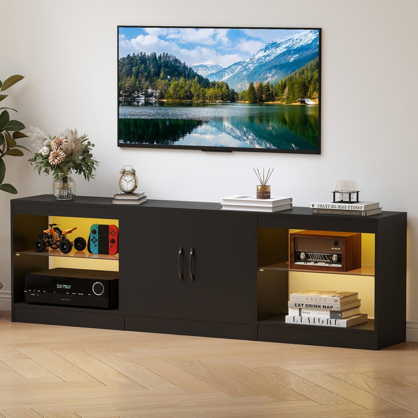 3-in-1 Entertainment Center with Adjustable Glass Shelves-Black