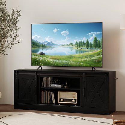 Entertainment Center with Sliding Barn Doors and Adjustable Shelves-Black