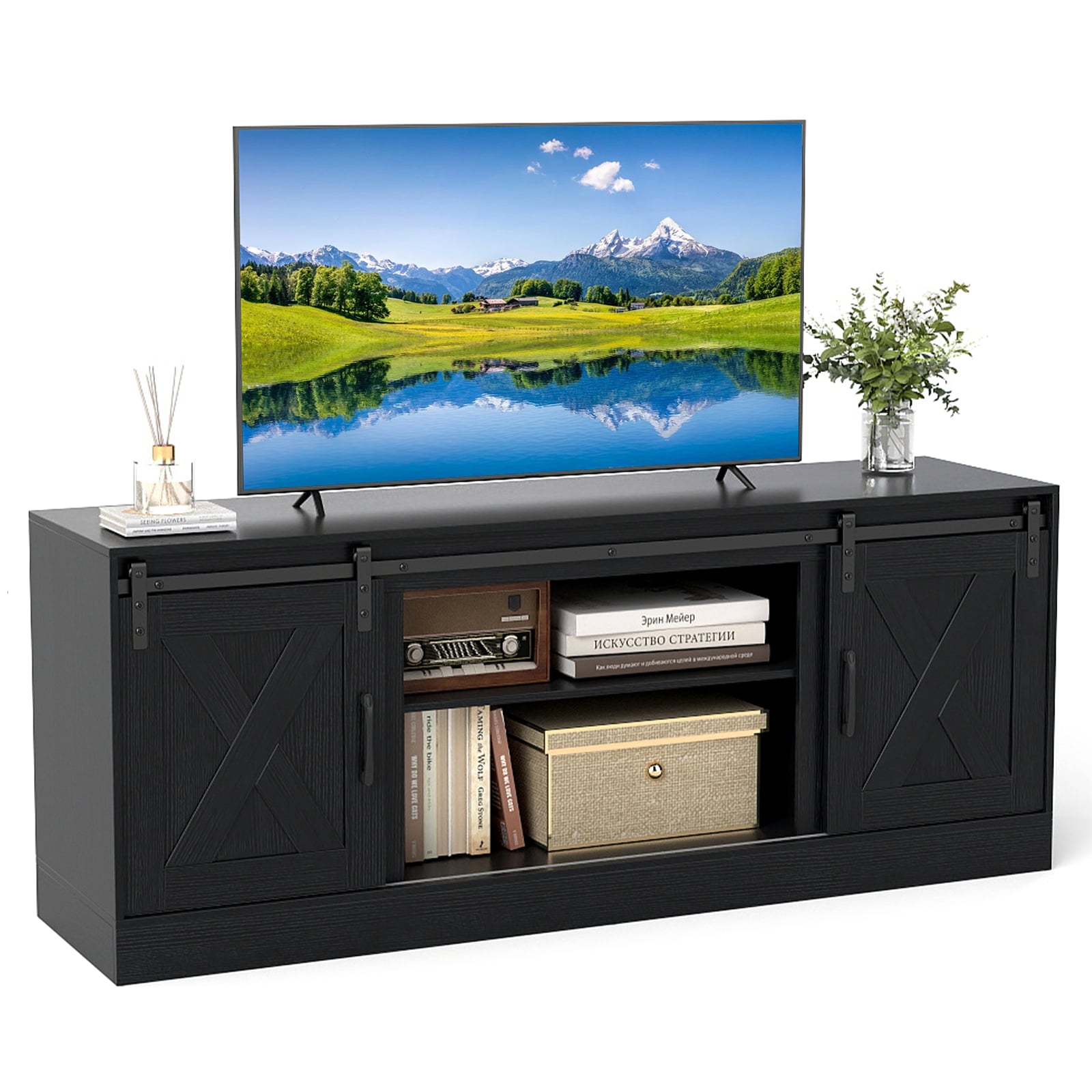 Entertainment Center with Sliding Barn Doors and Adjustable Shelves-Black