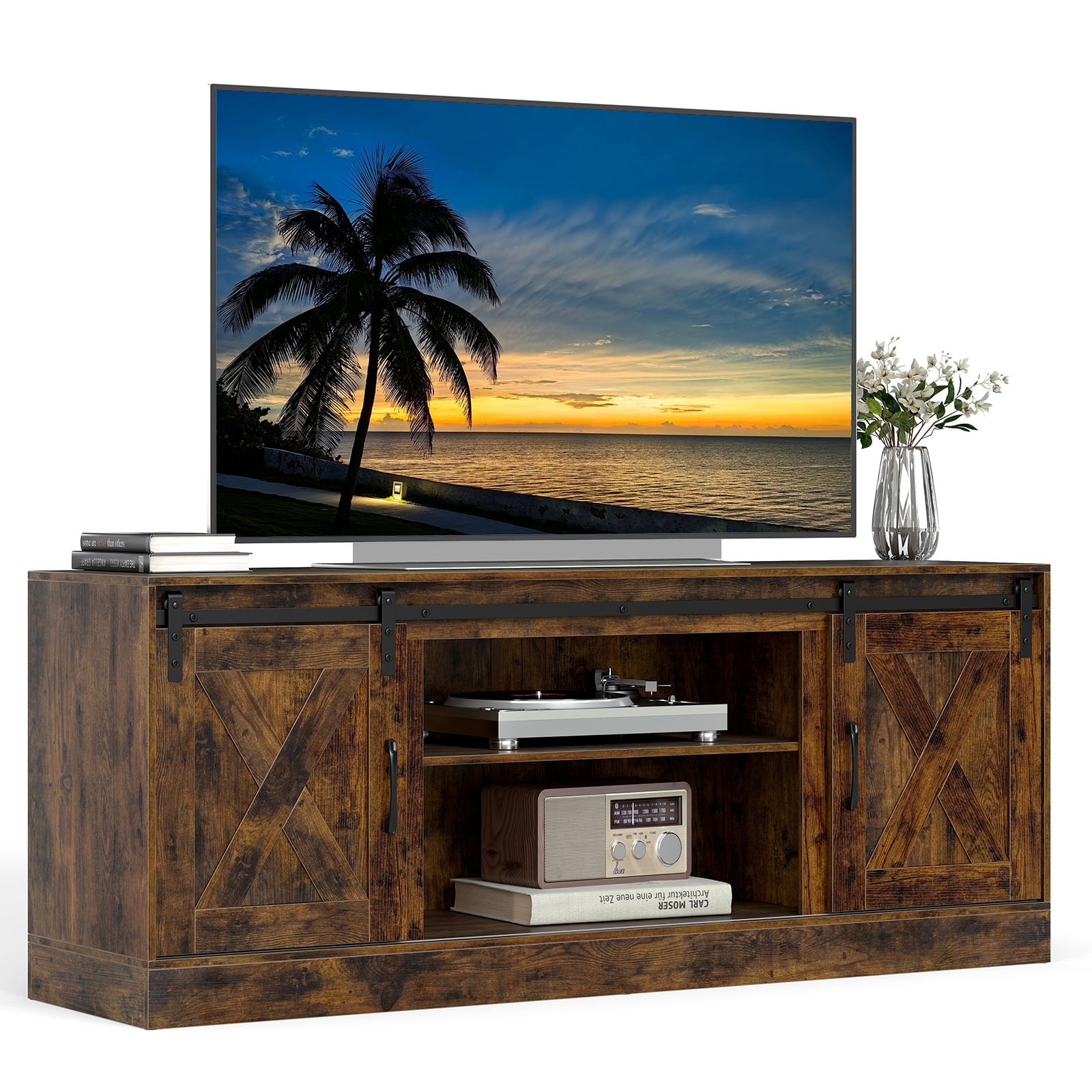 Entertainment Center with Sliding Barn Doors and Adjustable Shelves-Rustic Brown