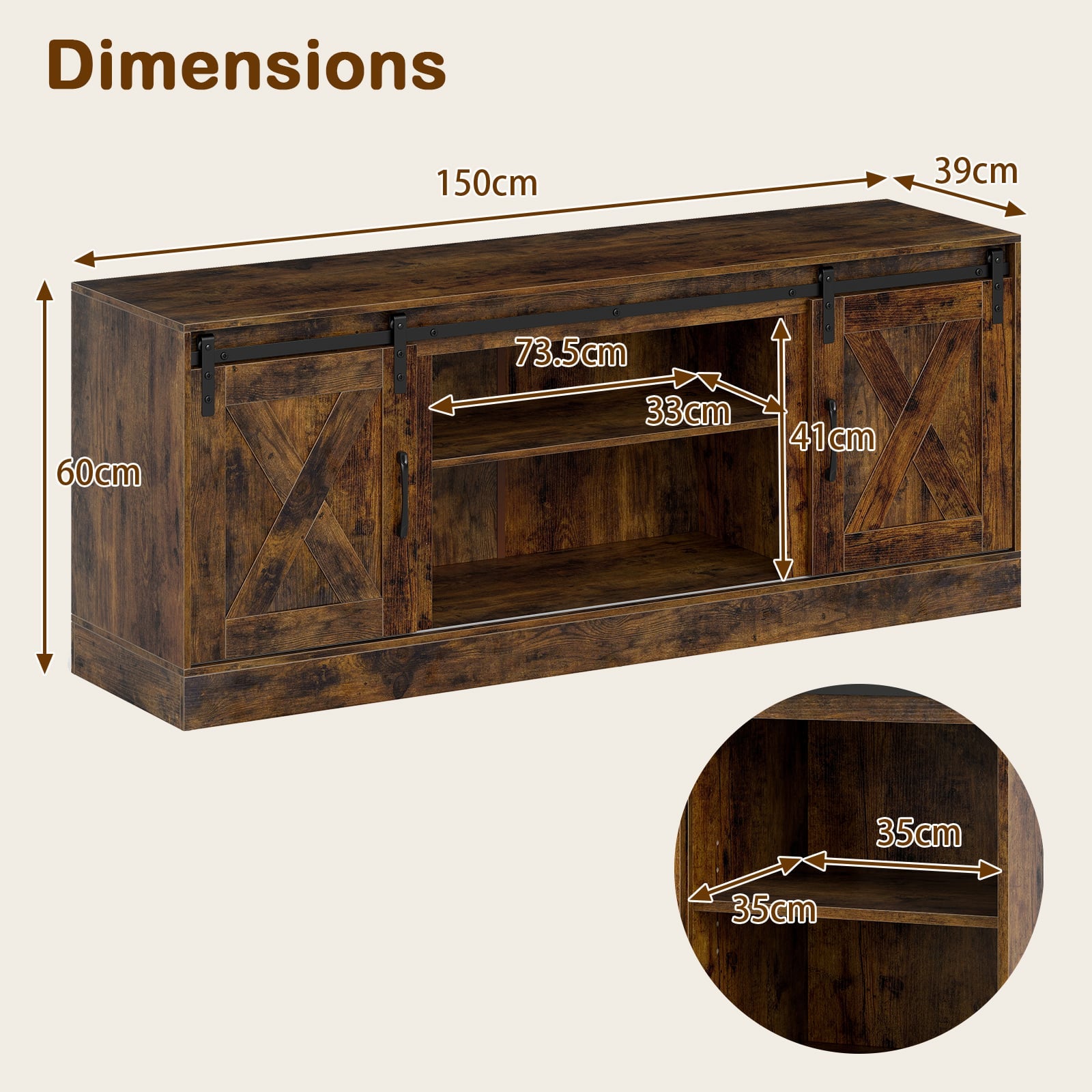 Entertainment Center with Sliding Barn Doors and Adjustable Shelves-Rustic Brown