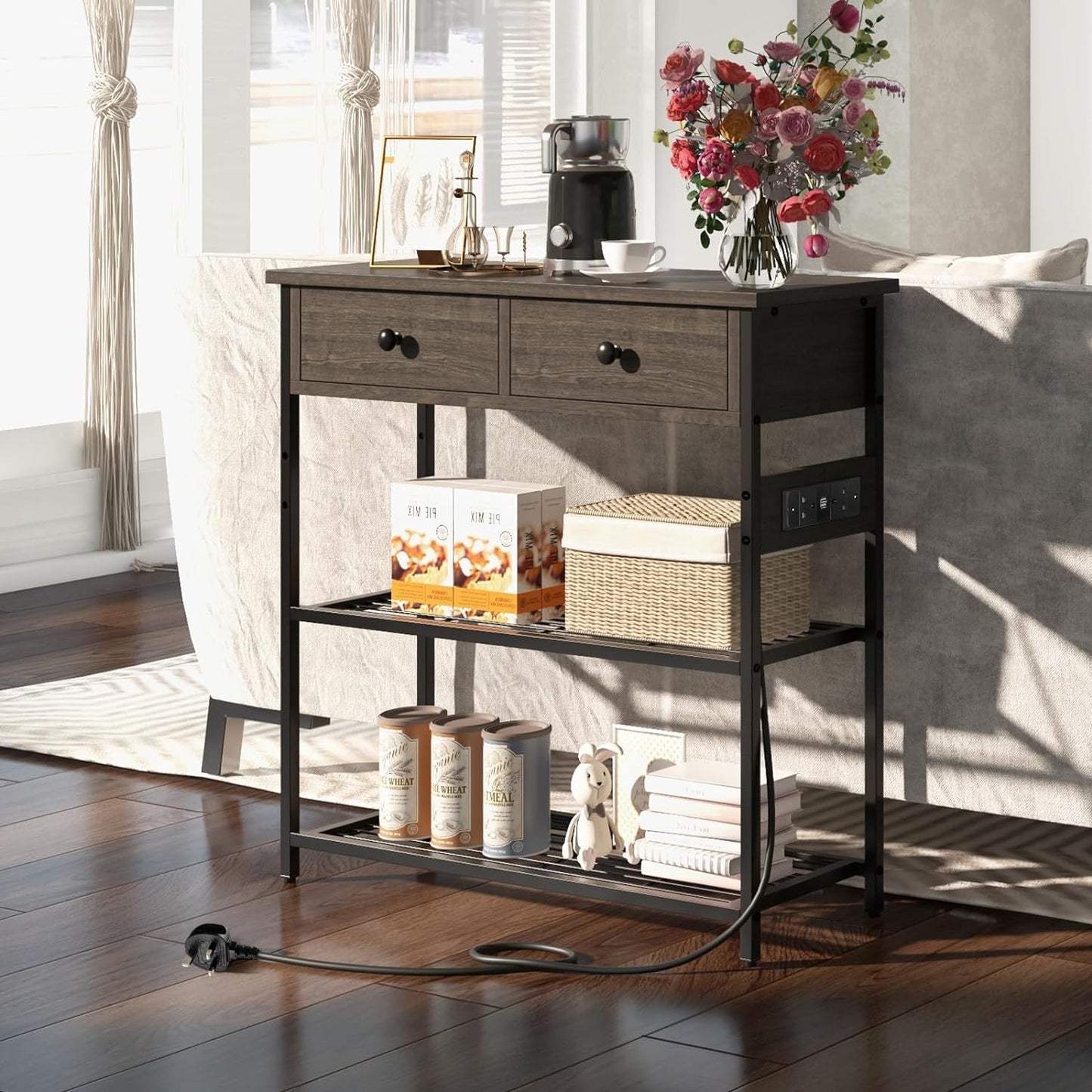 Entryway Narrow Console Table with Charging Station-Grey