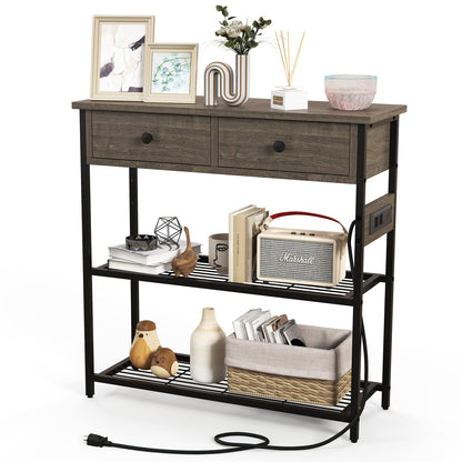 Entryway Narrow Console Table with Charging Station-Grey