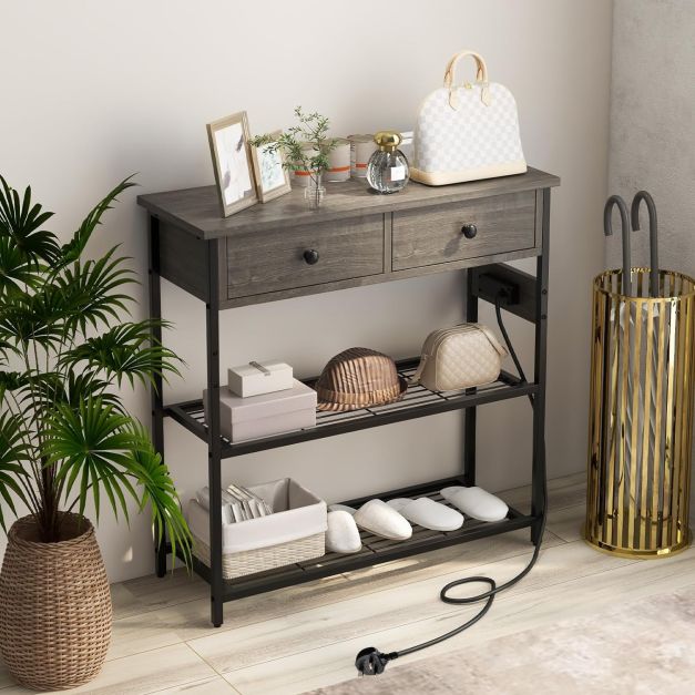 Entryway Narrow Console Table with Charging Station-Grey