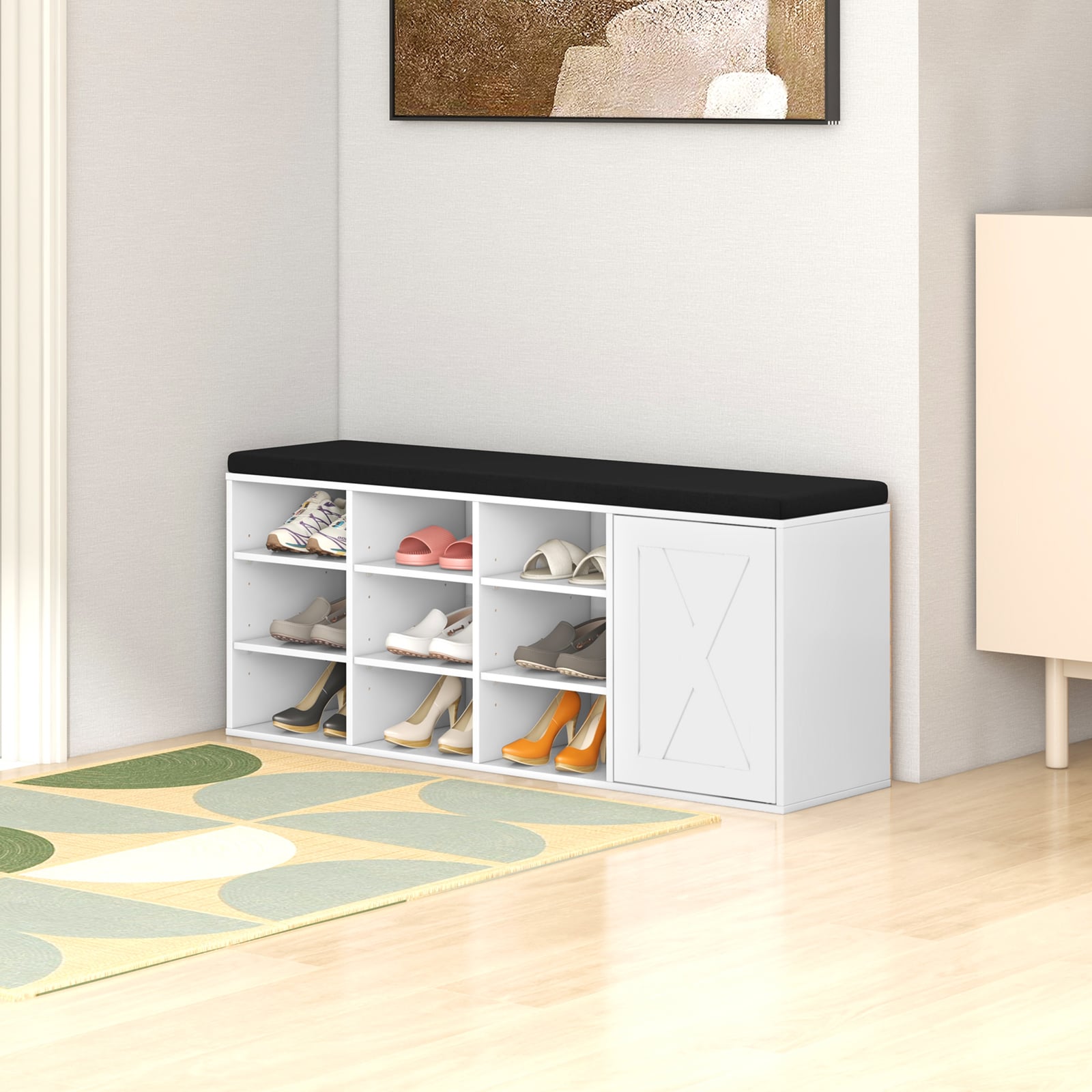 3-Tier Entryway Shoe Storage Bench with Padded Cushion-White