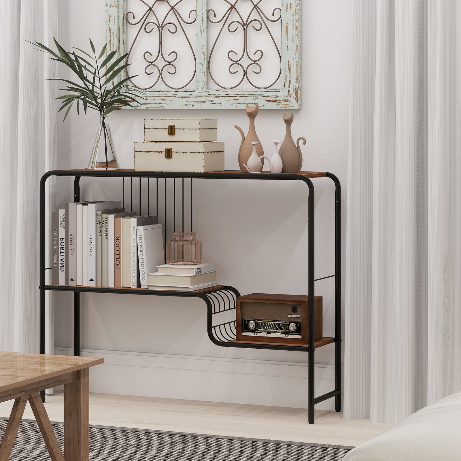 2-Tier Console Table with Storage Shelf and Metal Frame