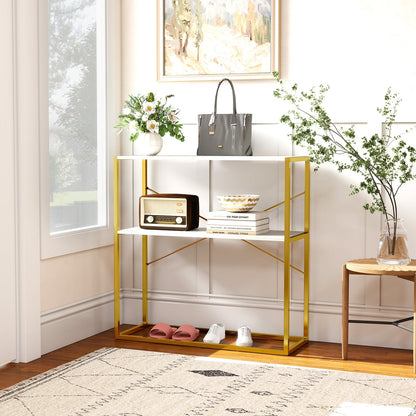 2-Tier Entryway Table with Marble Textured Open Shelves and Metal Frame-White &amp; Golden
