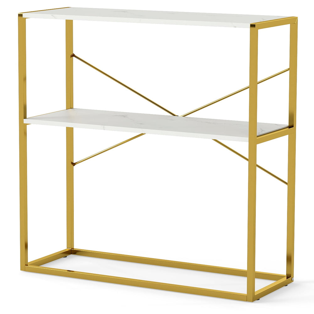 2-Tier Entryway Table with Marble Textured Open Shelves and Metal Frame-White &amp; Golden