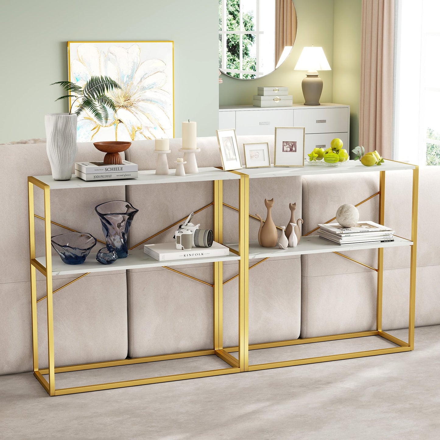2-Tier Entryway Table with Marble Textured Open Shelves and Metal Frame-White &amp; Golden