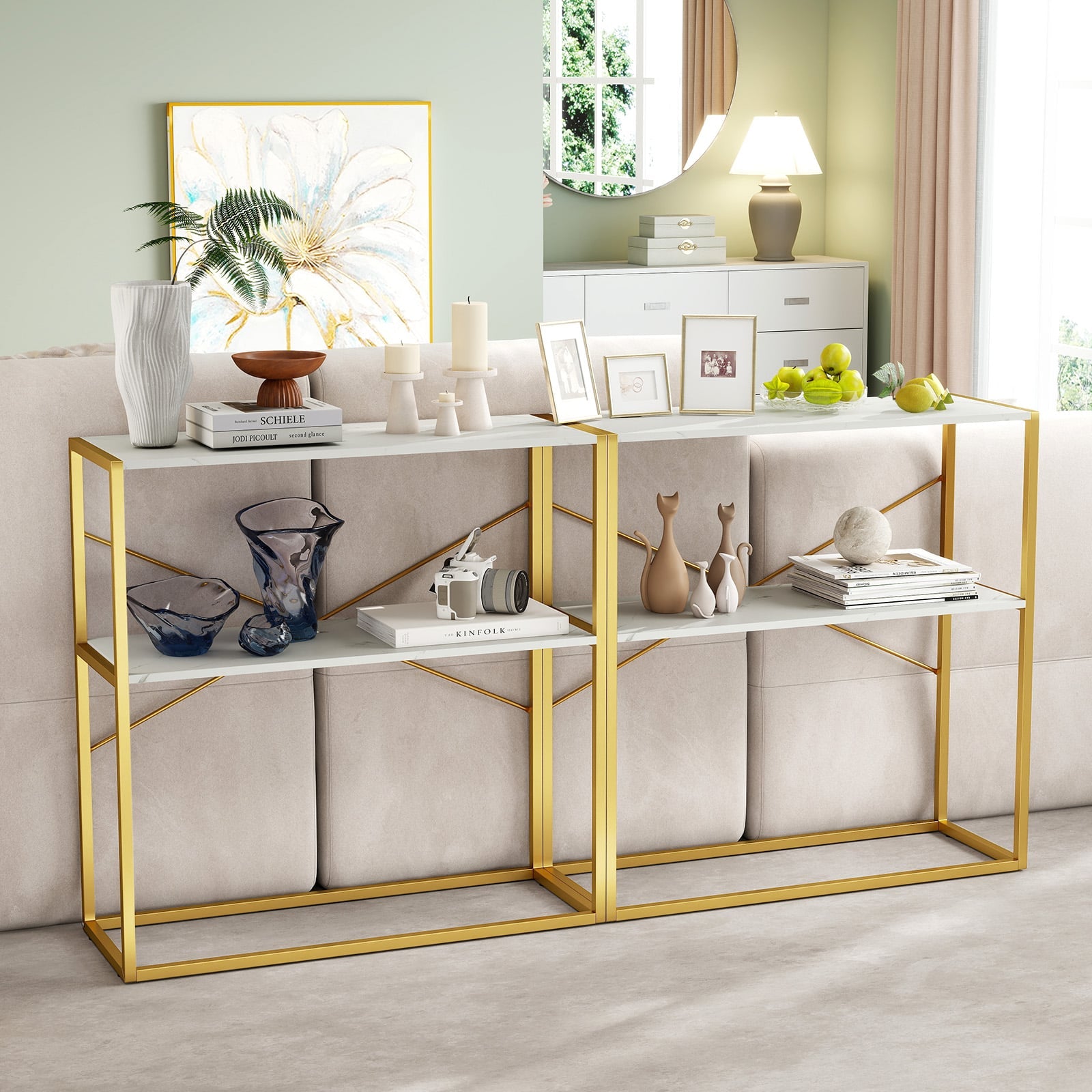 2-Tier Entryway Table with Marble Textured Open Shelves and Metal Frame-White &amp; Golden
