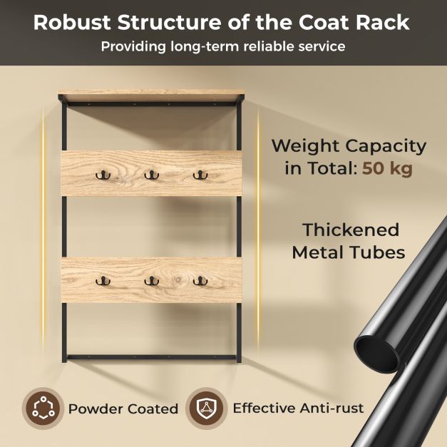 Entryway Wall Coat Rack with 6 Hooks and Display Shelf-Natural
