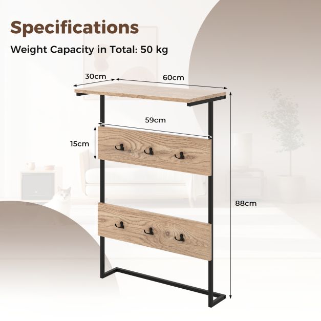 Entryway Wall Coat Rack with 6 Hooks and Display Shelf-Natural