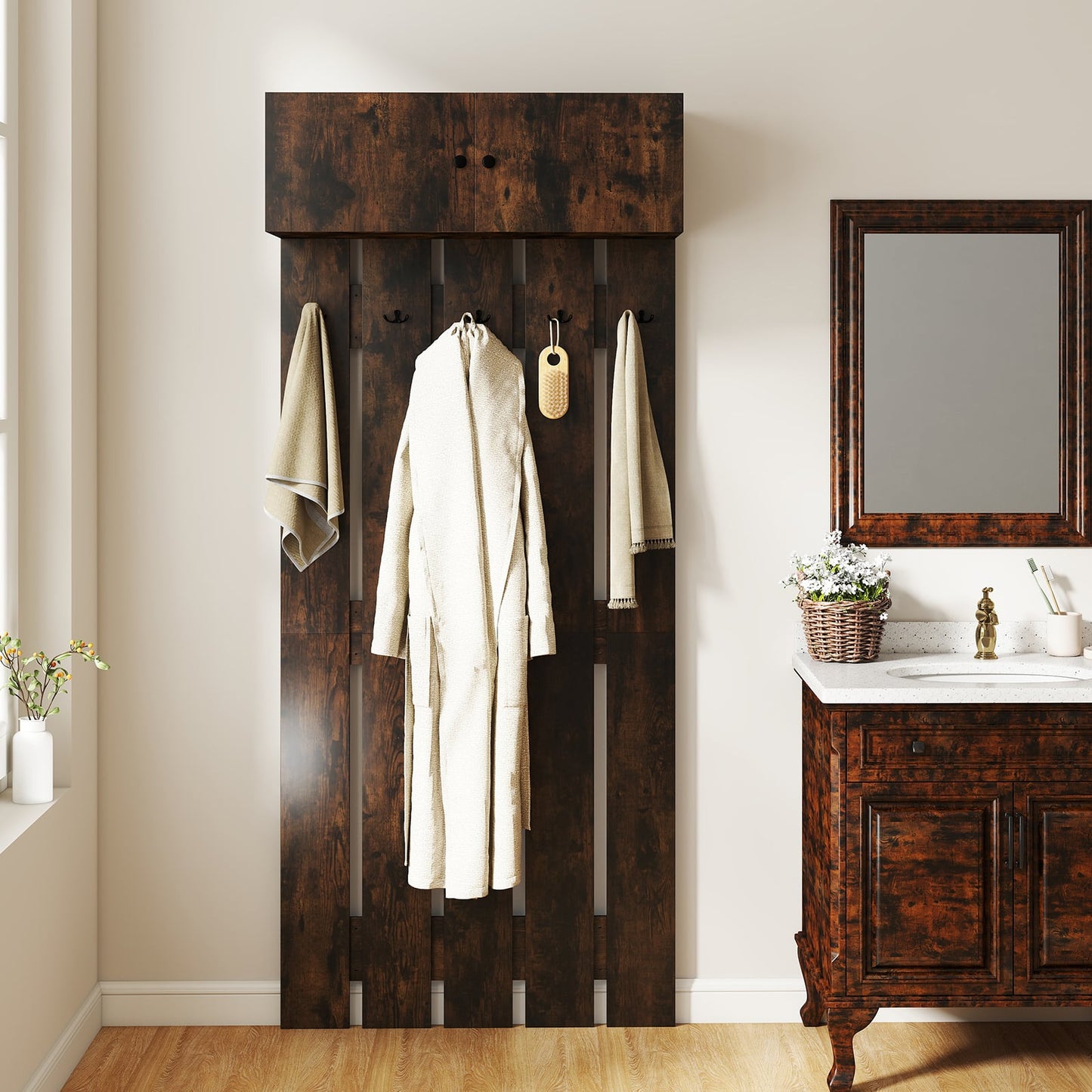Entryway Wall Mounted Coat Rack Coat Rack with 5 Double Hooks and 2-Door Cabinet-Coffee