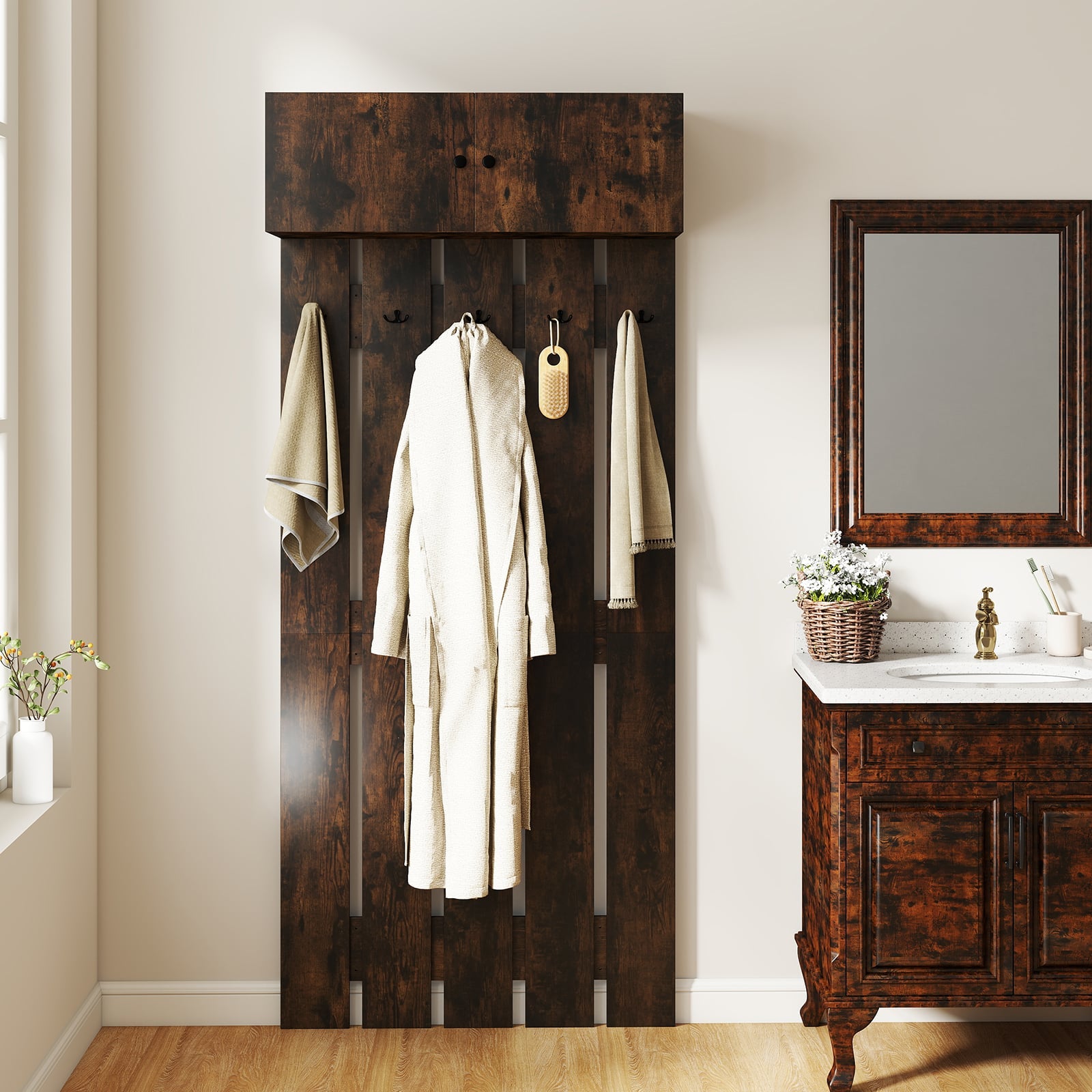 Entryway Wall Mounted Coat Rack Coat Rack with 5 Double Hooks and 2-Door Cabinet-Coffee