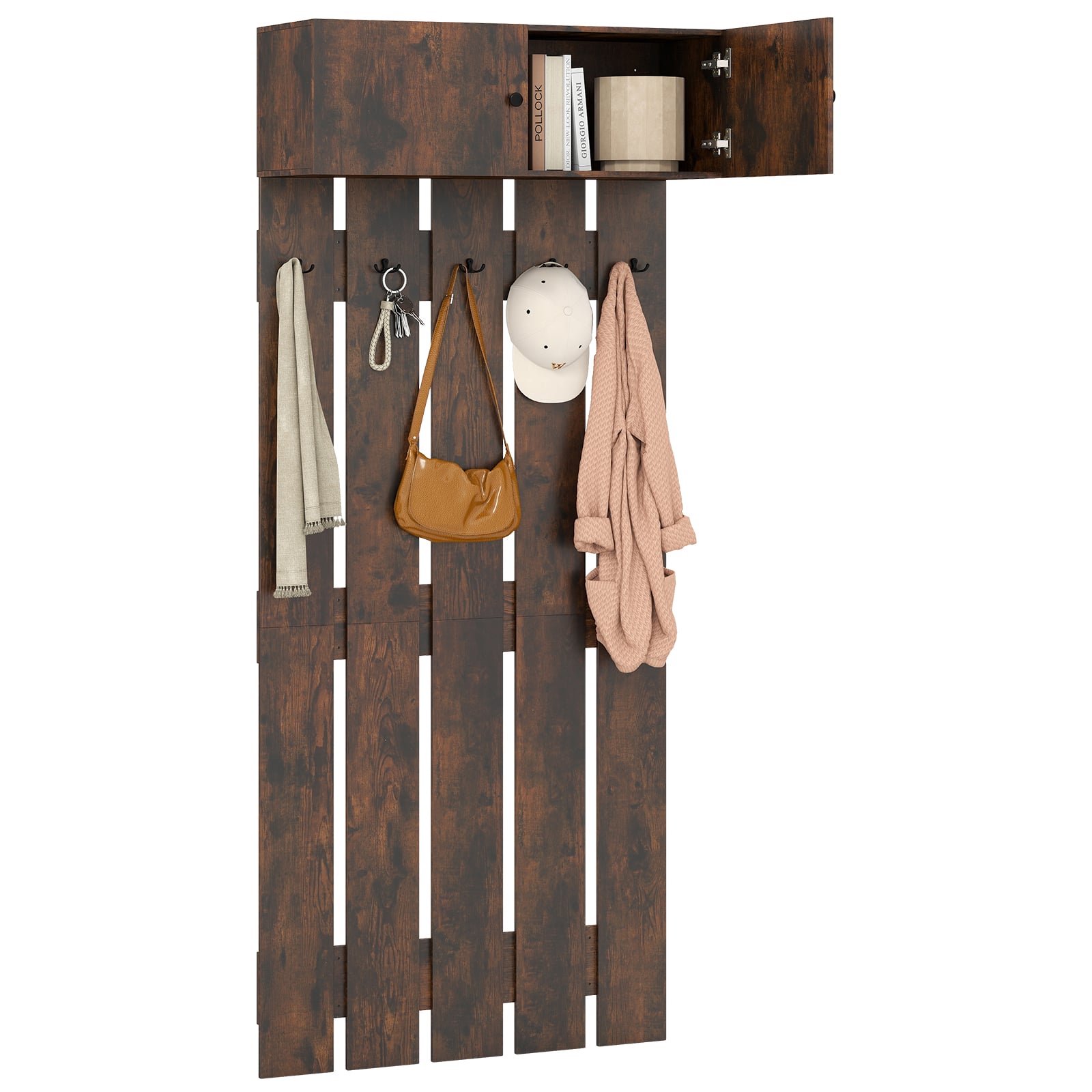 Entryway Wall Mounted Coat Rack Coat Rack with 5 Double Hooks and 2-Door Cabinet-Coffee