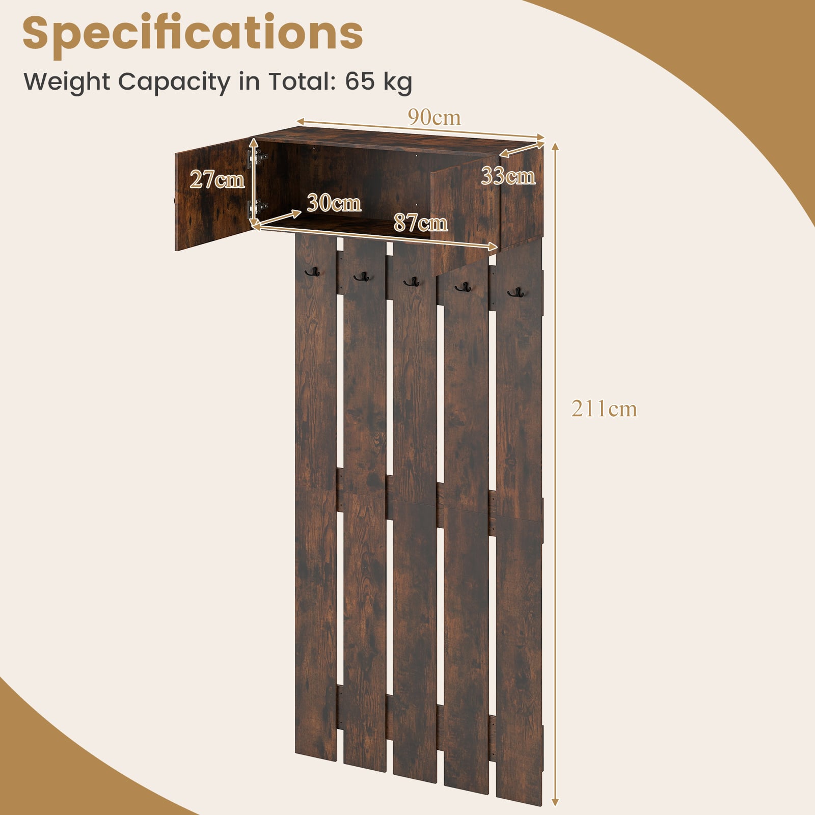 Entryway Wall Mounted Coat Rack Coat Rack with 5 Double Hooks and 2-Door Cabinet-Coffee