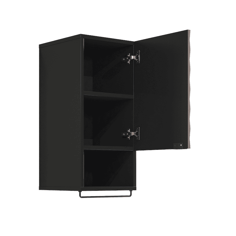 Black metal cabinet with open door on a white background