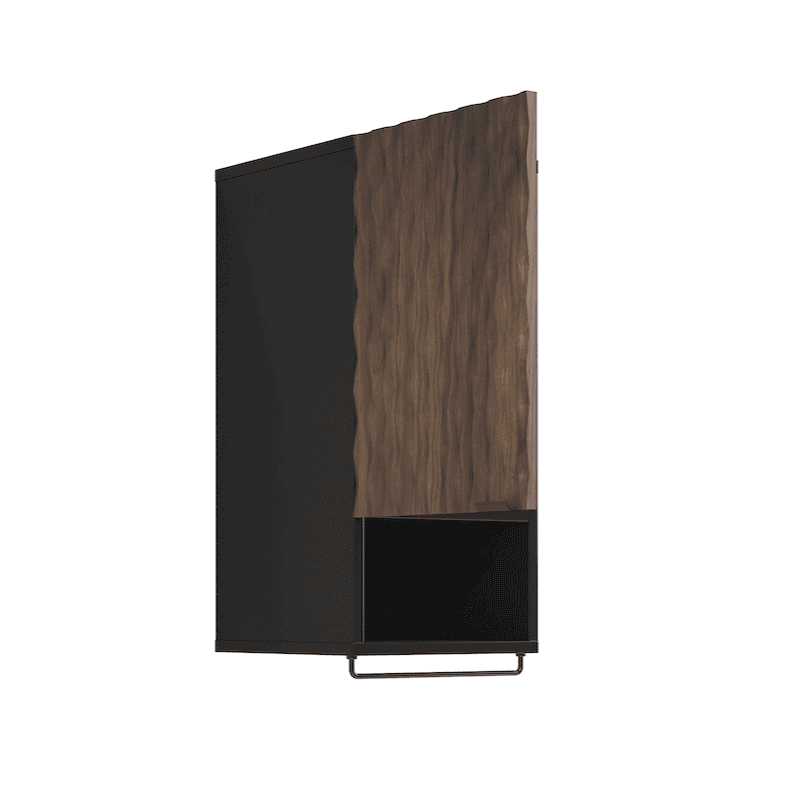 Modern wall-mounted cabinet with wooden and black finish on a white background