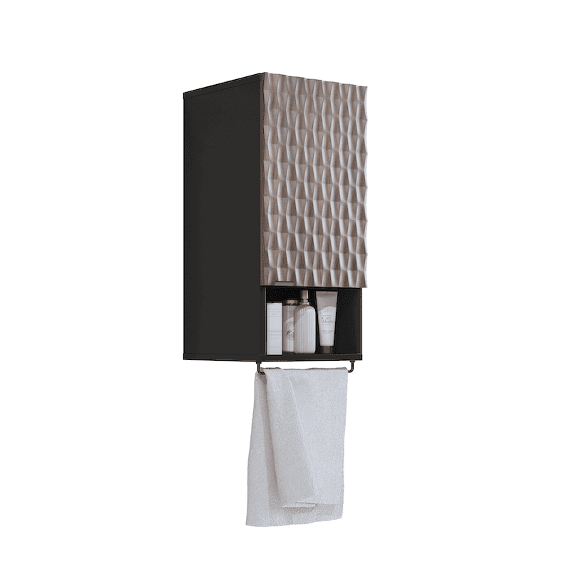 Towel holder with textured black cover and white towel on a white background