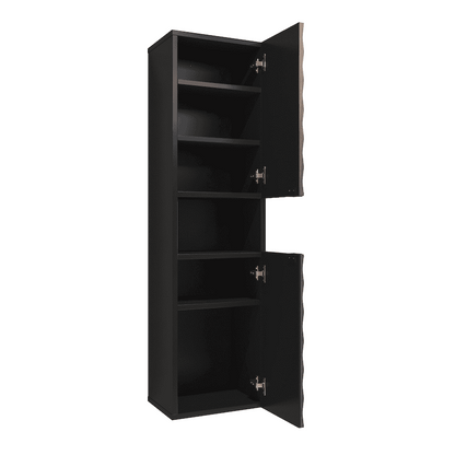 Black metal cabinet with open doors on a white background