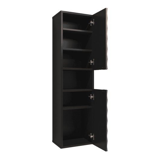 Black metal cabinet with open doors on a white background