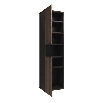 Tall dark brown bookshelf with open door on a white background