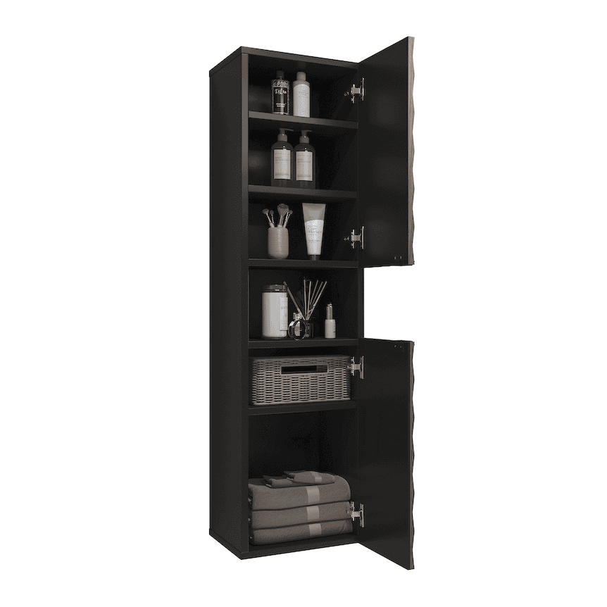 Black cabinet with open doors displaying various items on a white background