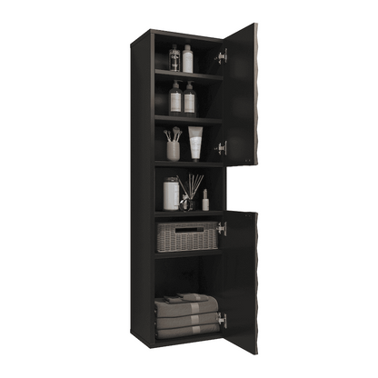 Black cabinet with open doors displaying various items on a white background