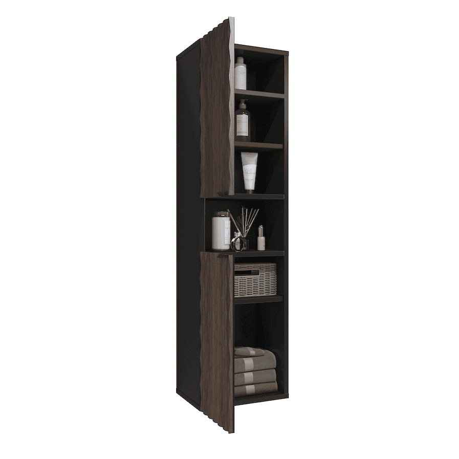 Tall dark brown cabinet with open door on a white background