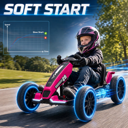 AIYAPLAY 12V Electric Go Kart for Kids with Dual Motors, Adjustable Seat, Soft Start, LED Lights, EVA Wheels, for Age 3-6, Pink