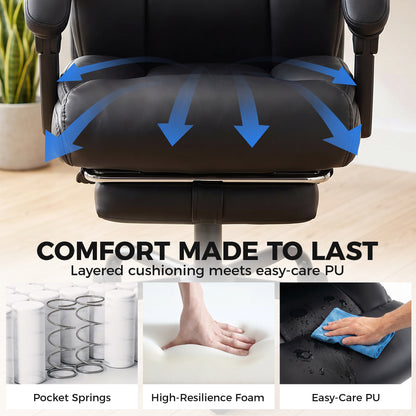 HOMCOM Executive Office Chair, 180kg Big and Tall PU Desk Chair with Linked Armrests, Pocket Spring Cushion, Adjustable Height, Rocking Function, 165° Reclining Backrest, Footrest, PU Casters, Black
