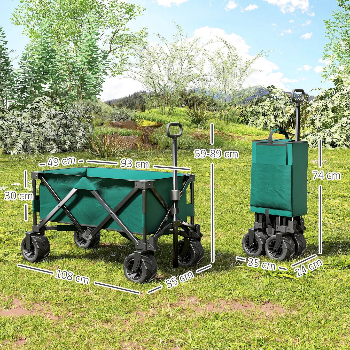 Outsunny 140L Festival Trolley on Wheels, Folding Camping Trolley Cart with Telescopic Handle, Big Wheels for Outdoor Garden Beach Fishing, Green