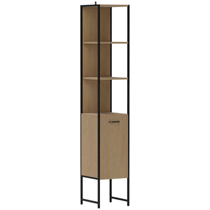 HOMCOM Tall Bathroom Cabinet with Open Shelves and Adjustable Shelf - Natural Wood Finish