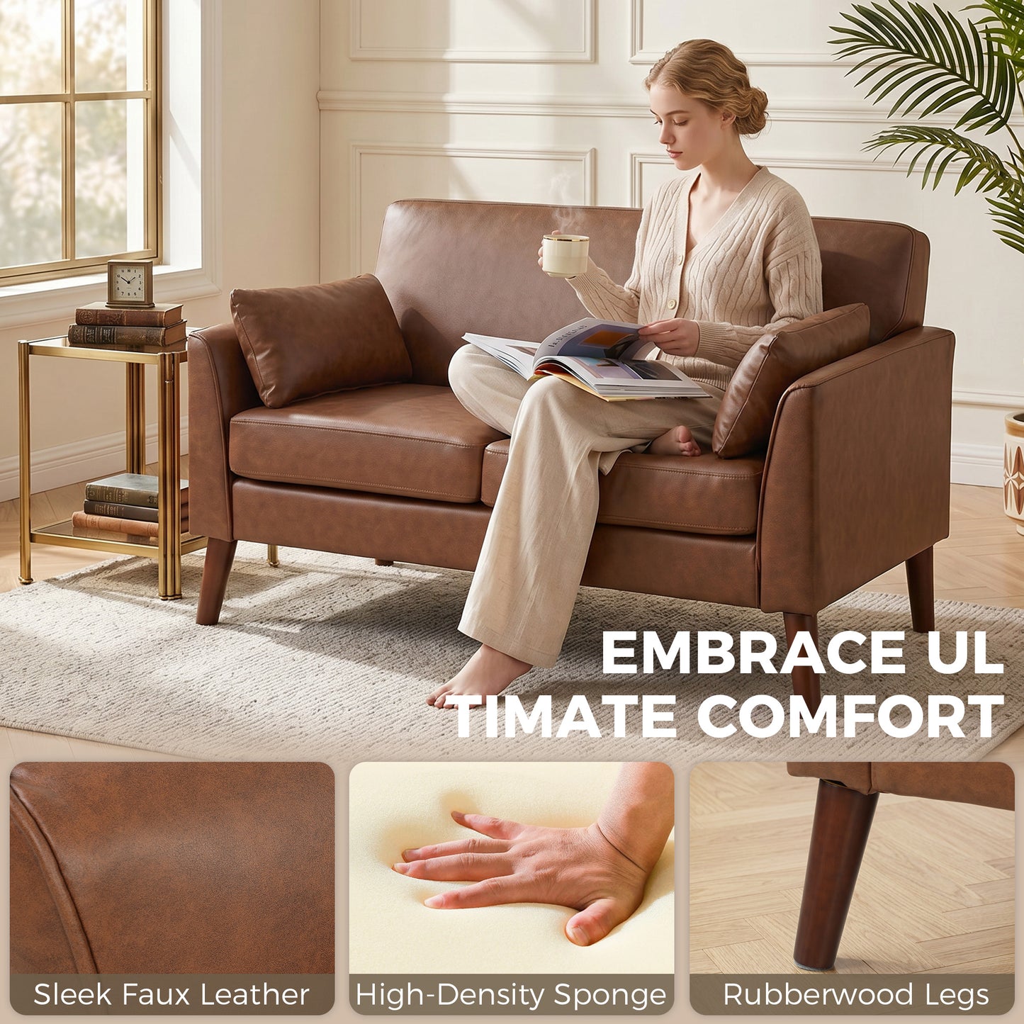 HOMCOM 2 Seater Sofa, 132 cm Modern Small Sofa with Solid Wood Legs and 2 Pillows for Small Space, Brown