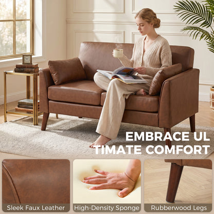 HOMCOM 2 Seater Sofa, 132 cm Modern Small Sofa with Solid Wood Legs and 2 Pillows for Small Space, Brown