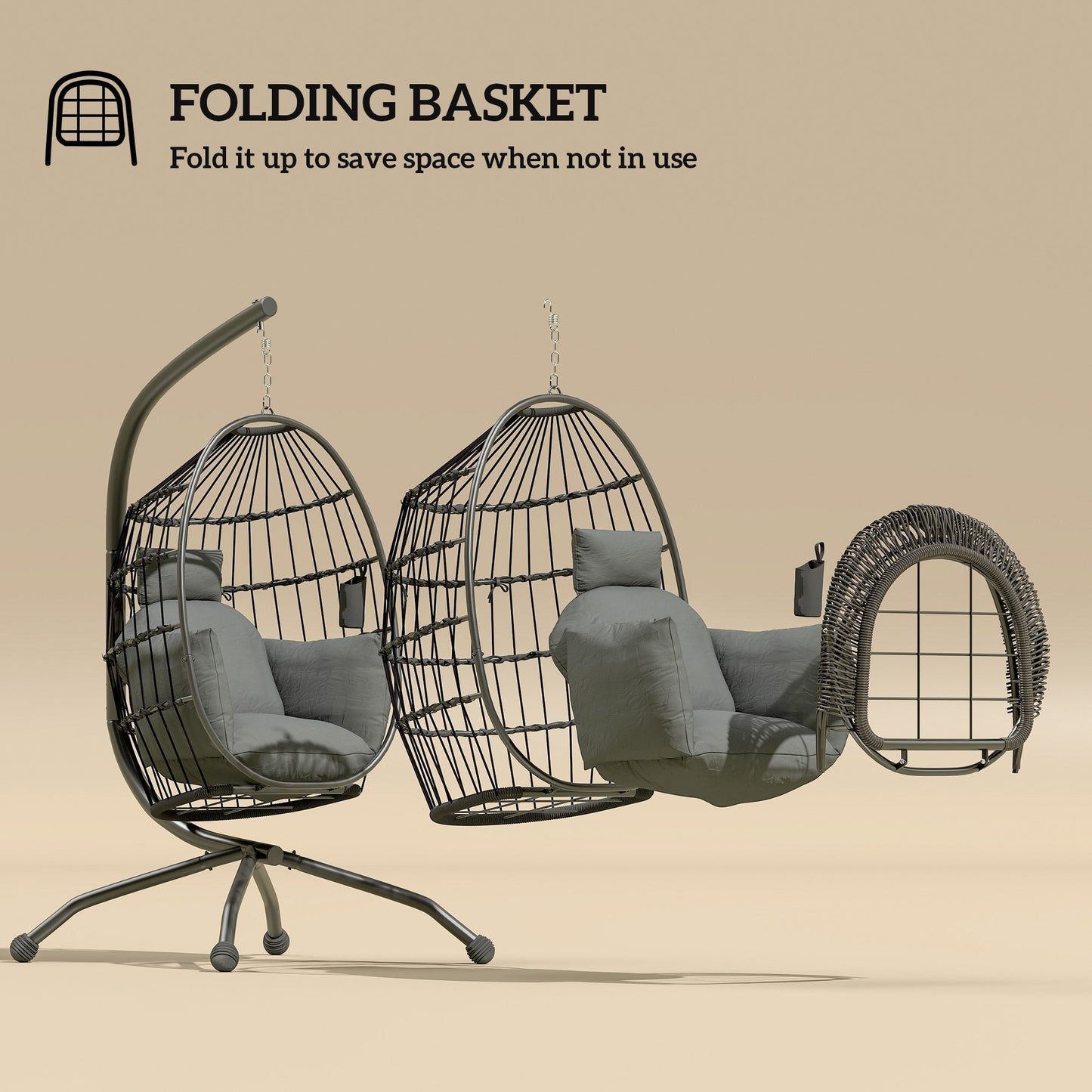 Outsunny Hanging Egg Chair Outdoor Indoor Garden Swing Chair with Folding Basket and Thickened Cushion, Garden Hanging Chair with Stand, Headrest, Cup Holder for Patio, Balcony, Dark Grey