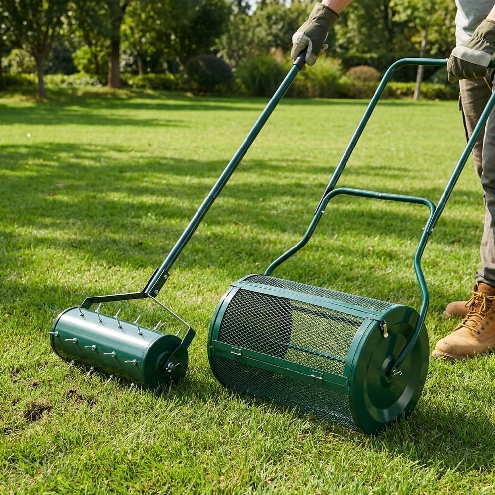 Ergonomic 2-in-1 Lawn Care Bundle: Deep Aerator Tool + U-Handle Compost Spreader for Fertile Soil