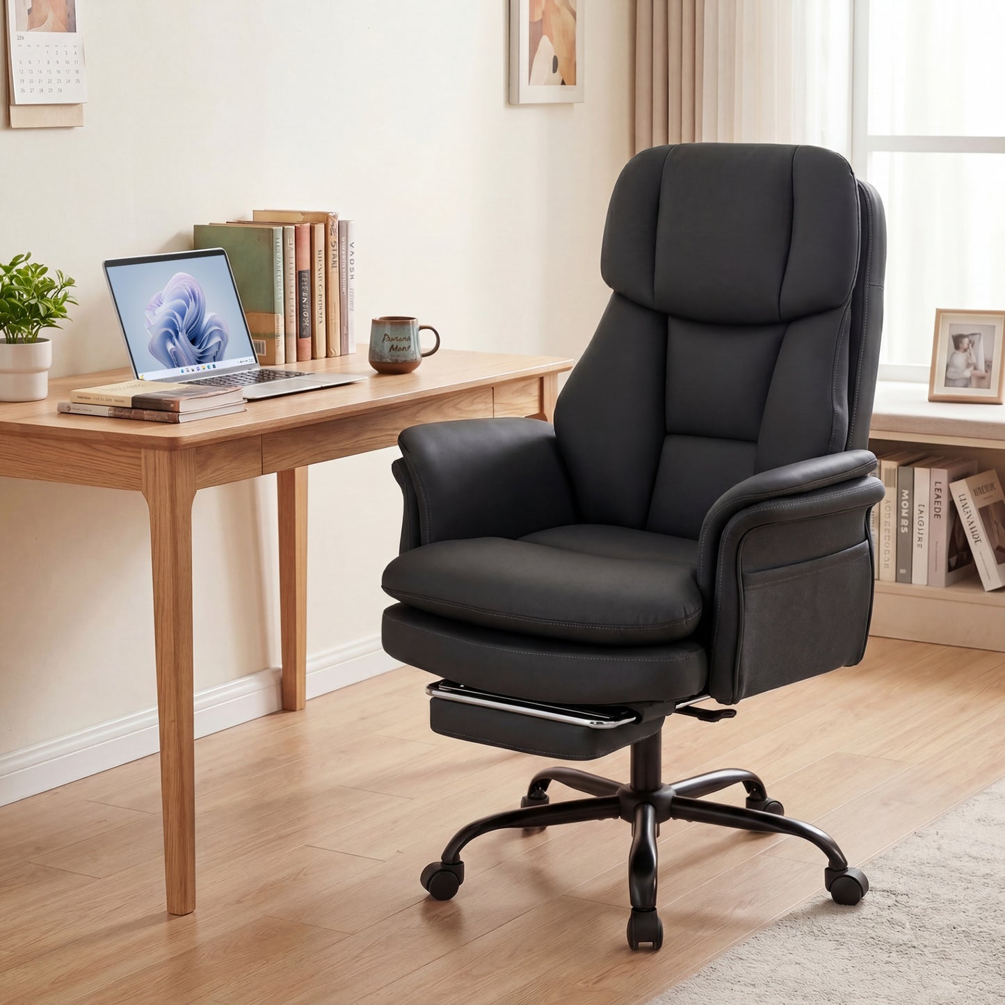 Ergonomic Cross Legged Office Chair with Retractable Footrest Adjustable Armrests for Home Office-Balck