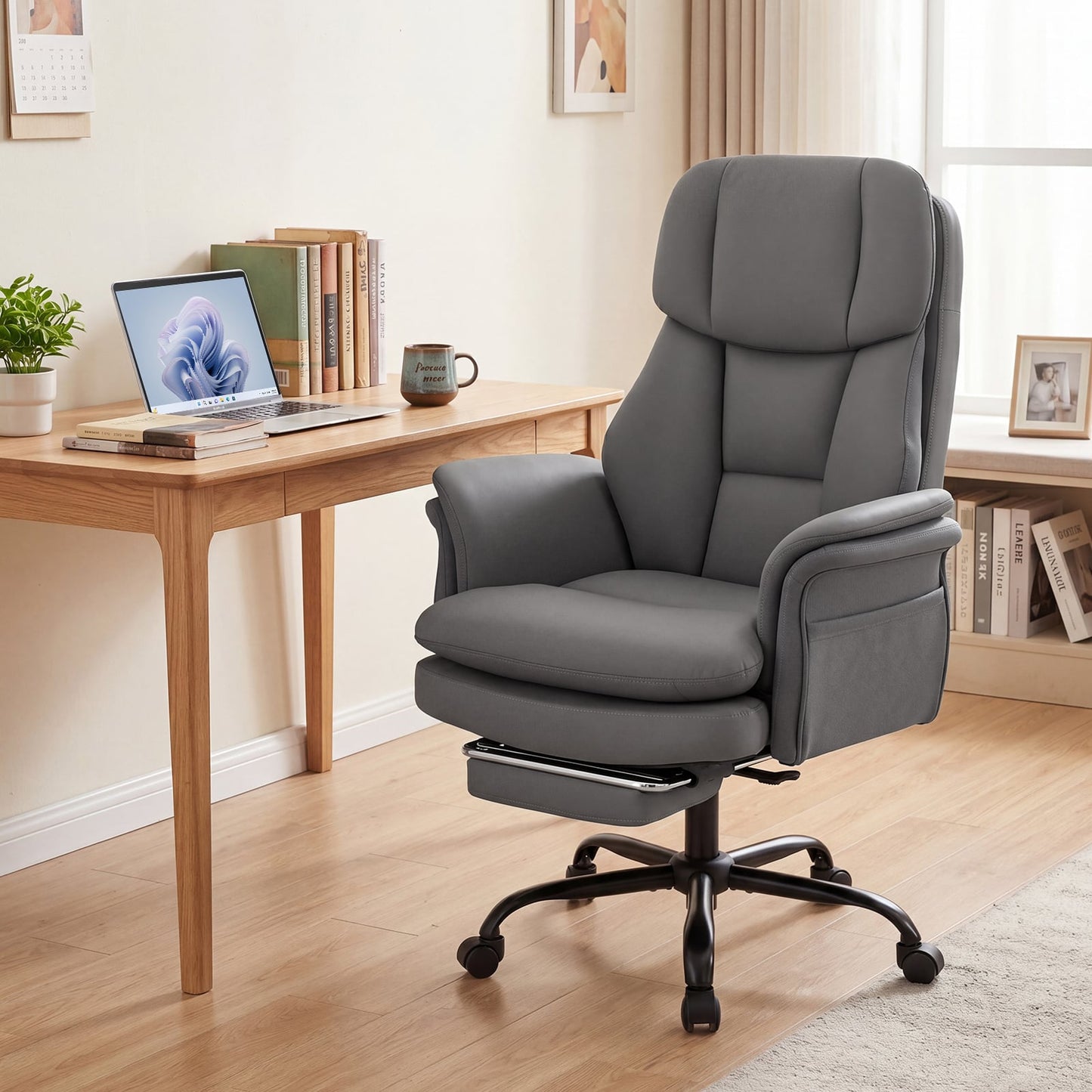 Ergonomic Cross Legged Office Chair with Retractable Footrest Adjustable Armrests for Home Office-Grey