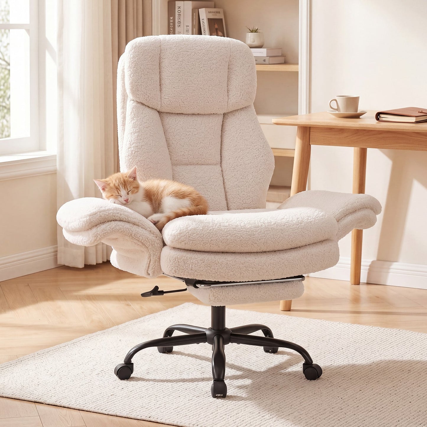 Ergonomic Cross Legged Office Chair with Retractable Footrest Adjustable Armrests for Home Office-White