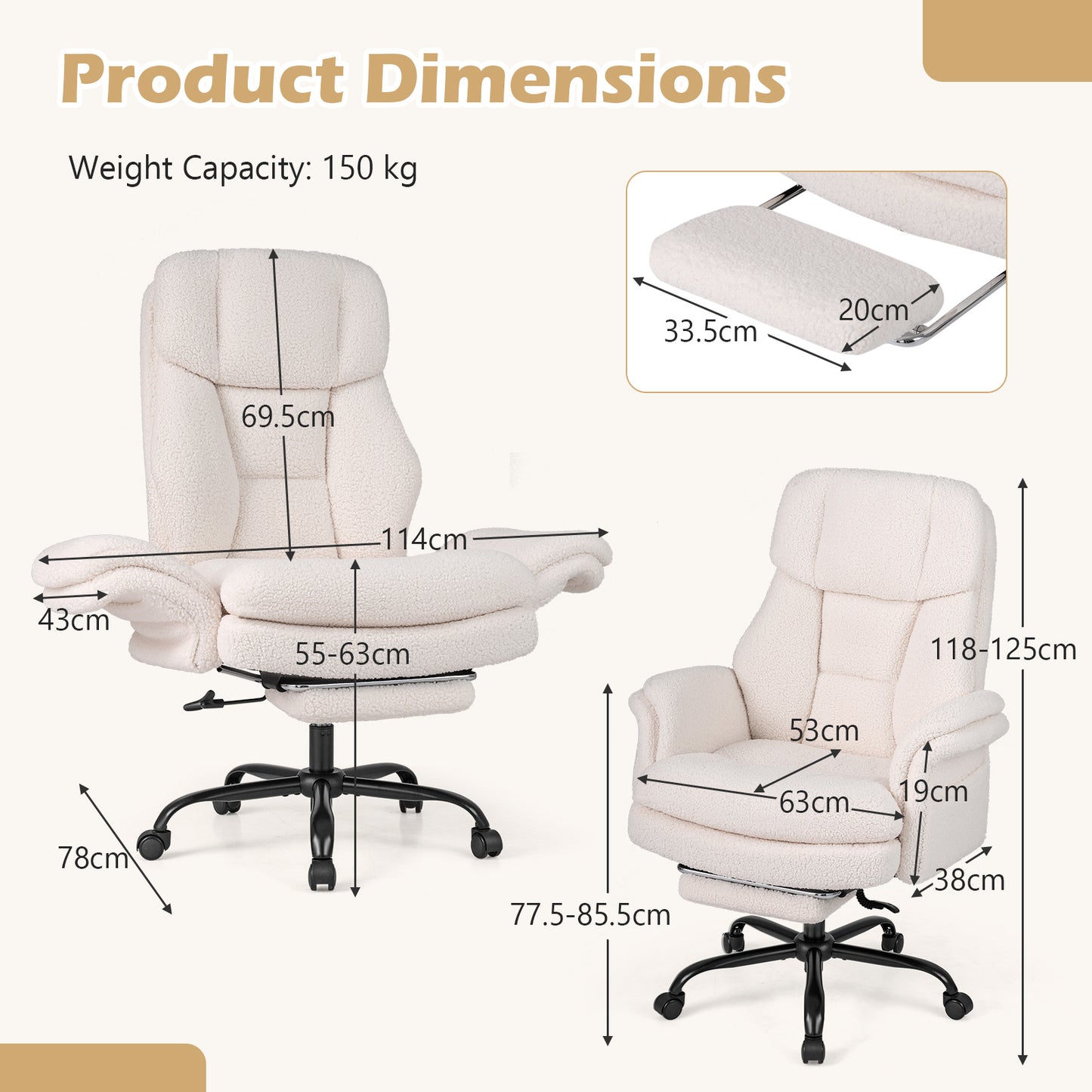 Ergonomic Cross Legged Office Chair with Retractable Footrest Adjustable Armrests for Home Office-White
