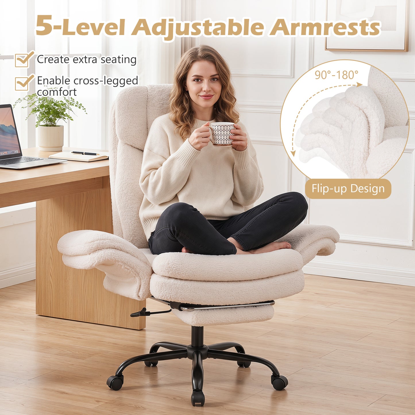 Ergonomic Cross Legged Office Chair with Retractable Footrest Adjustable Armrests for Home Office-White