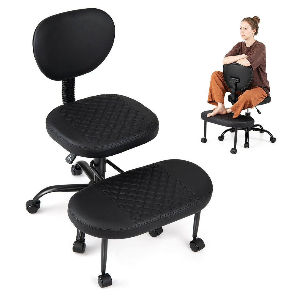 Ergonomic Cross Legged Office Chair with Wheels and Height-Adjustable Seat 360° Rotatable Footrest-Black