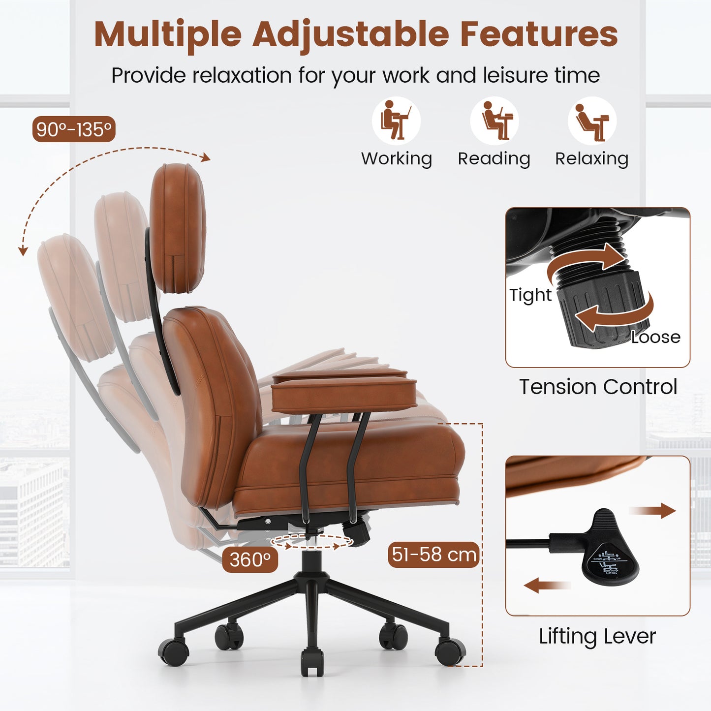 Ergonomic Home Office Chair Mid Century Modern Computer Desk Chair with Wide Tufted Seat-Brown