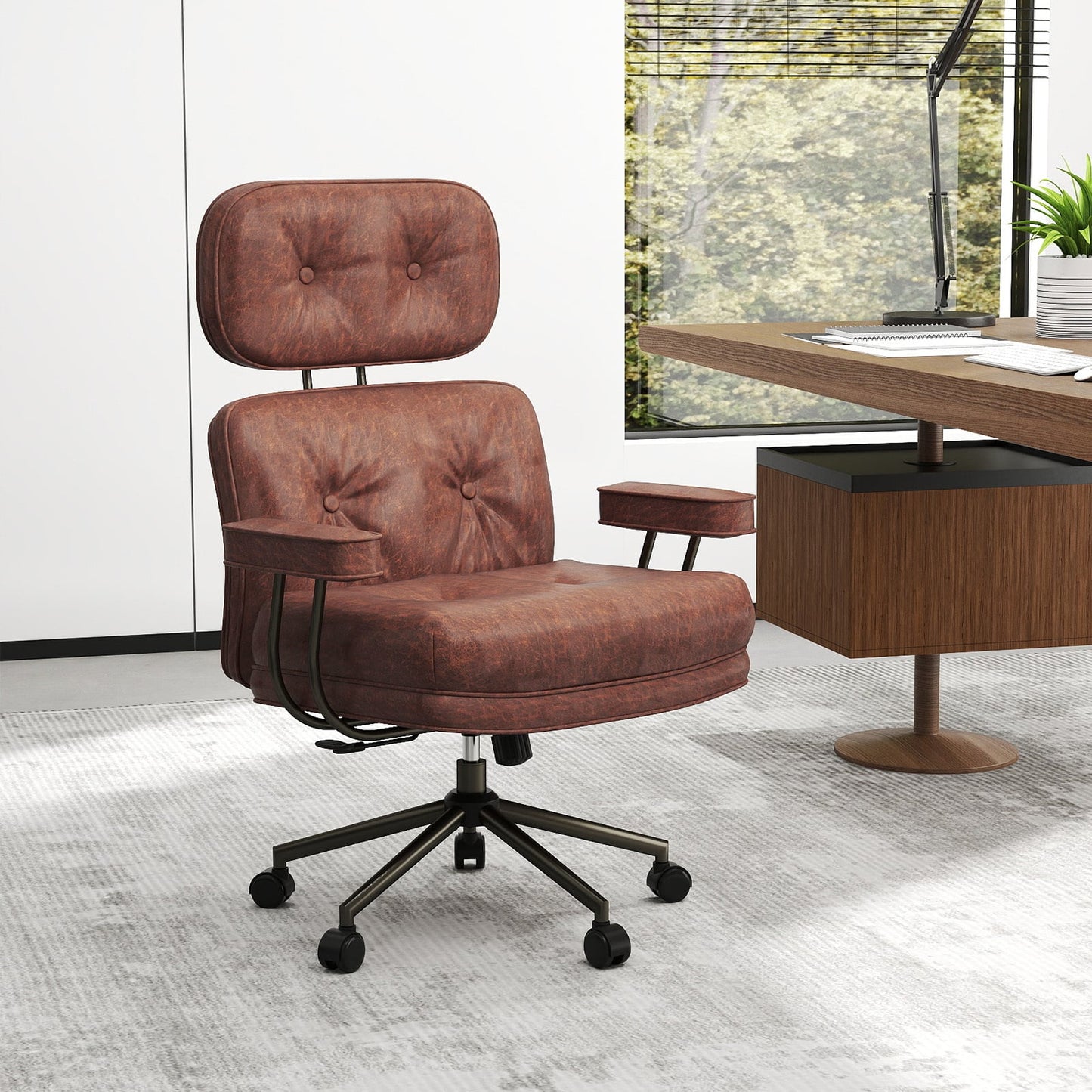 Ergonomic Home Office Chair Suede Fabric Adjustable with Detachable Armrests-Dark Brown