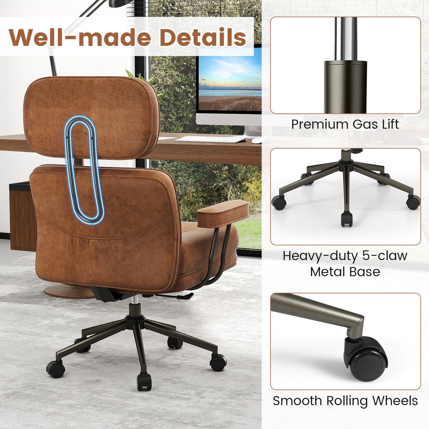 Ergonomic Home Office Chair Suede Fabric with Adjustable Back and Detachable Armrests-Coffee